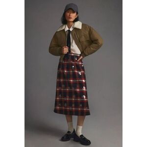 Maeve Black Red Tartan Plaid Embellished Midi Skirt